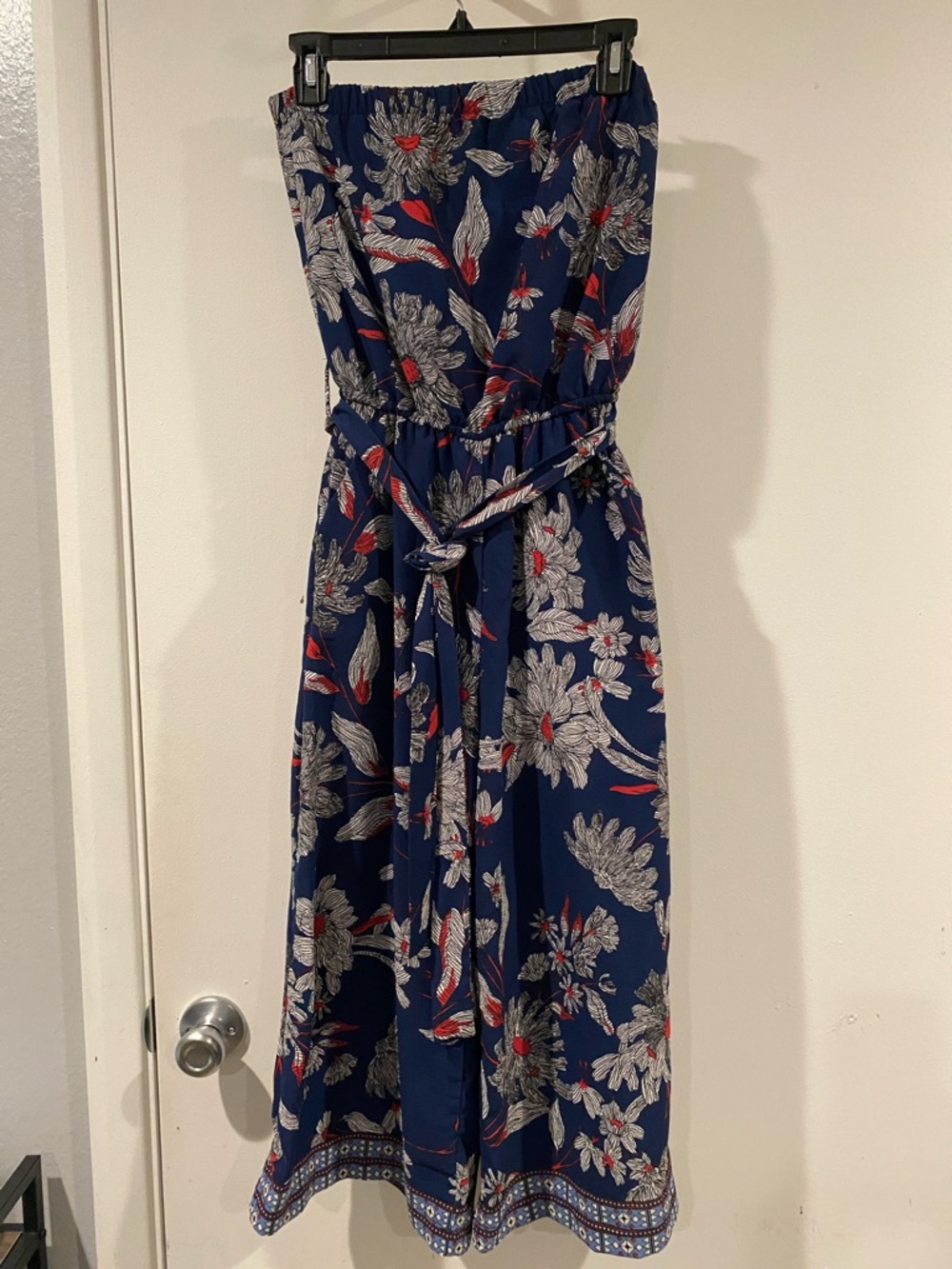 Purple Snow Navy Floral Strapless Jumpsuit with Red Accents